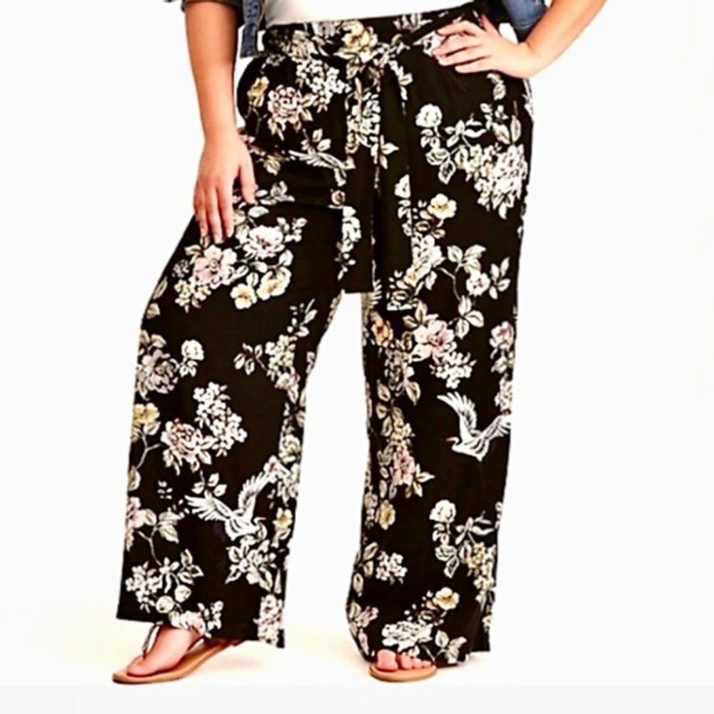 Torrid Black Floral Crane Wide Leg Tie Front Challis Pants - 0 (12)